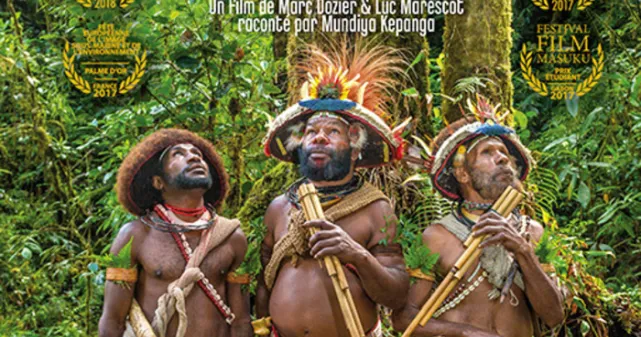 Affiche du film avec 3 membres de la tribu des hulis regardant la forêt